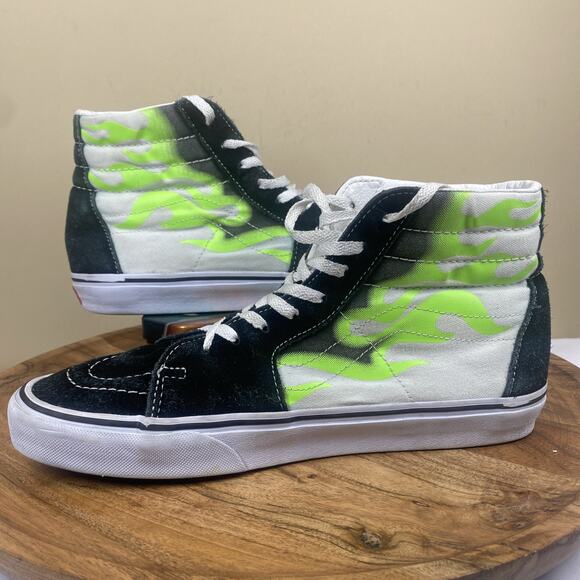 Vans Sk8 Hi Flame Black Mens White Green Flames Fire Size 9.5 High Top Shoes - Picture 6 of 9